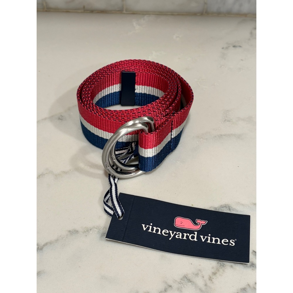 Vineyard Vines Mens Stripe D-Ring Ribbon Belt Red White Navy Blue 1B001189 M